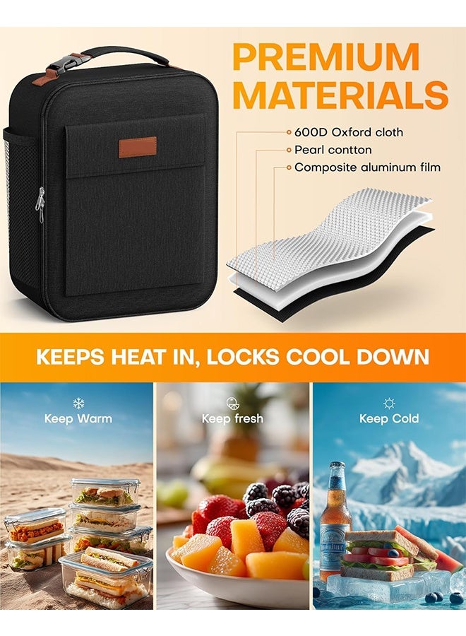 عام حقيبة غداء للرجال والنساء - حقيبة غداء معزولة ذات سعة كبيرة مع جيوب متعددة، صندوق غداء مبرد مقاوم للاهتراء للمكتب، النزهة، أسود، 7 لتر، 9.06 بوصة × 4.33 بوصة × 10.63 بوصة - Image 3